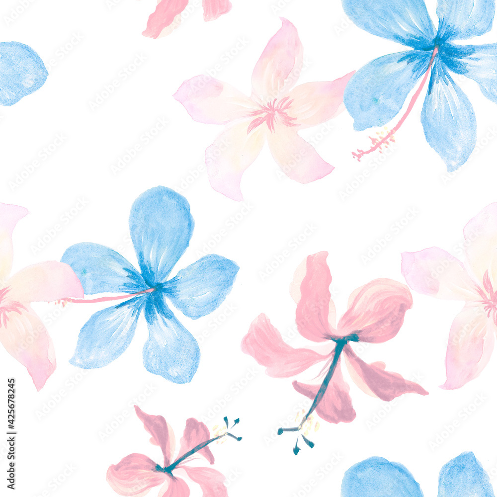 Fototapeta White Tropical Leaves. Red Seamless Leaves. Azure Pattern Art. Blue Flower Painting. Gray Spring Design. Flora Design. Decoration Painting. Flora Textile.