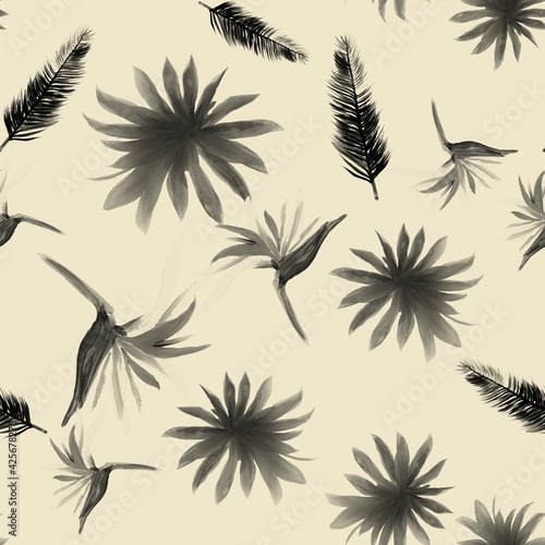 Black Pattern Nature. White Seamless Illustration. Gray Tropical Texture. Decoration Nature. Drawing Botanical. Isolated Foliage. Flower Illustration. Summer Background. © Surendra