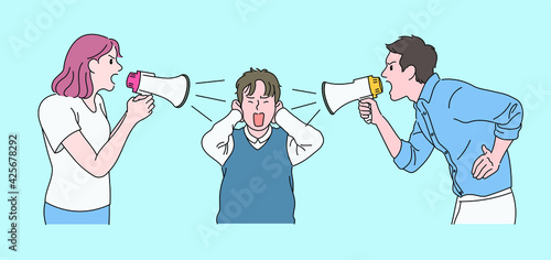 Parents are holding loudspeakers from both sides towards the child. hand drawn style vector design illustrations. 