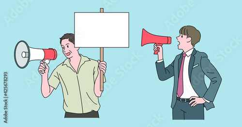 Men with loudspeakers are delivering messages. hand drawn style vector design illustrations. 