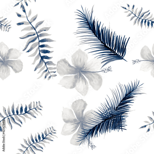 Gray Seamless Painting. Blue Pattern Leaves. Indigo Tropical Foliage. Navy Spring Palm. Cobalt Decoration Leaf. Drawing Leaf. Watercolor Illustration.