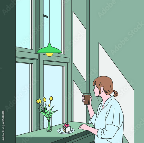 A woman is sitting by the window of a cafe and drinking coffee. hand drawn style vector design illustrations. 