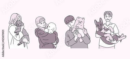 People are holding a small dog. hand drawn style vector design illustrations. 