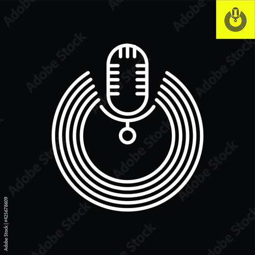 Logo depicting Podcast microphone with circular halos. Logo vector in line art style in Eos 8