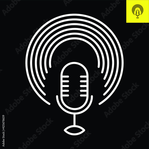 Logo depicting Podcast microphone with circular halos. Logo vector in line art style in Eos 8