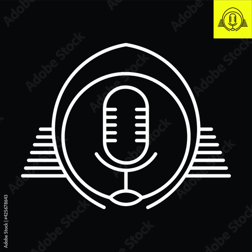 Logo depicting Podcast microphone with circular halos. Logo vector in line art style in Eos 8