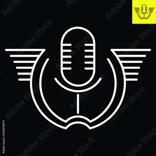 Logo depicting Podcast microphone with circular halos. Logo vector in line art style in Eos 8