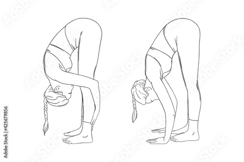 Stretching yogi woman. Hatha yoga forward fold pose variations. Engraved vector illustration in white background