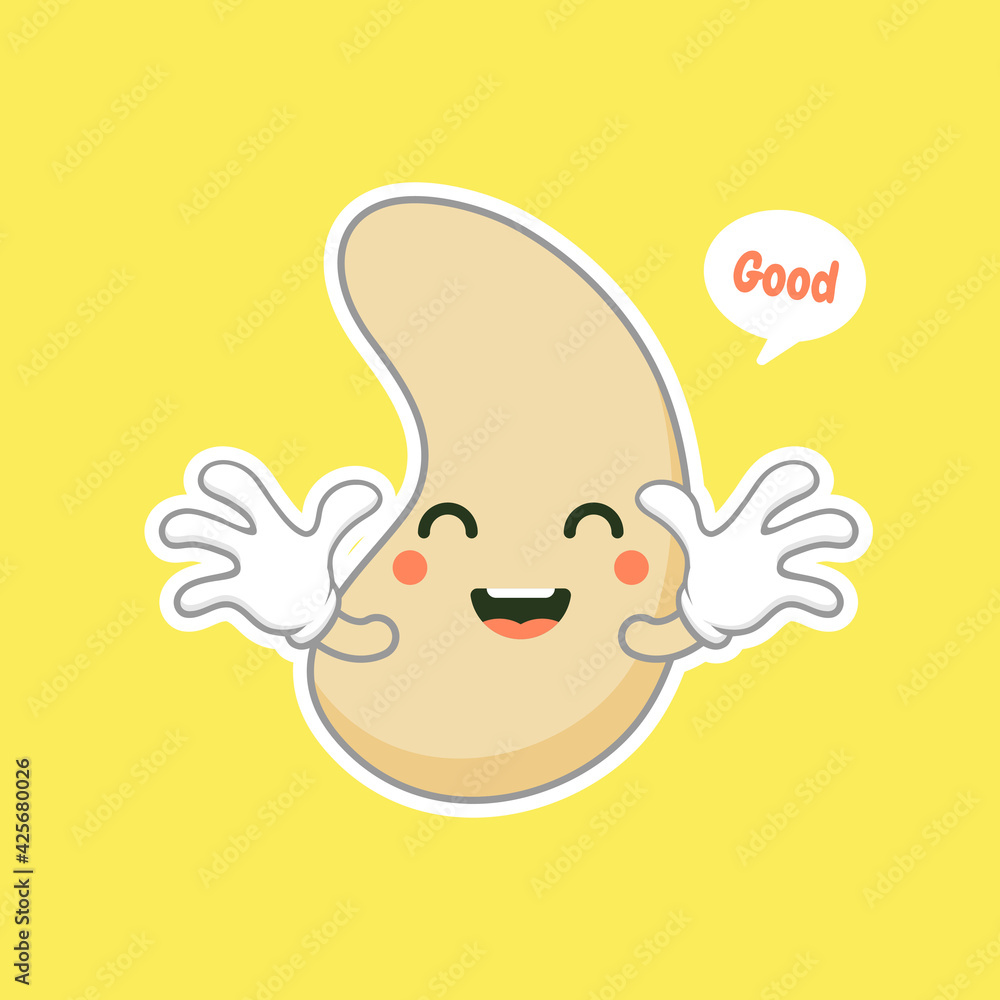 cute and kawaii cashew kidney shape nut flat cartoon character. Vector bean with head and eyes, comic superfood hero. Vegetarian food, healthy vegetable cute and kawaii cashew kidney shape nut flat cartoon character. Vector bean with head and eyes, comic superfood hero. Vegetarian food, healthy vegetable