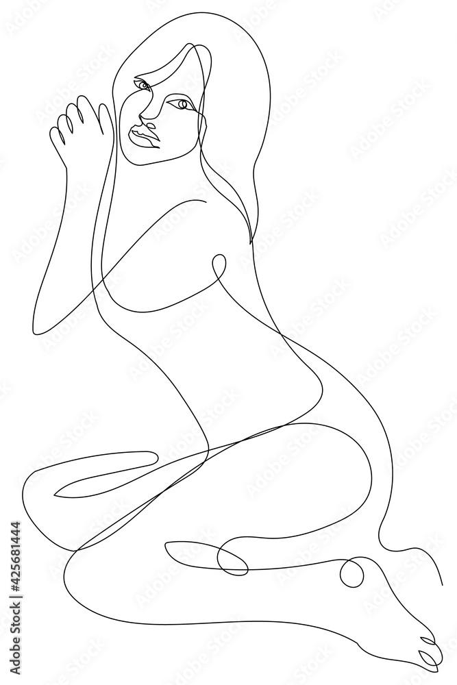 Illustration graphic of abstract art one line continuous vector long hair girl. Hand drawn continuous line technique. Single line simple beautiful concept. sit and hold her hands, looking at something Illustration graphic of abstract art one line continuous vector long hair girl. Hand drawn continuous line technique. Single line simple beautiful concept. sit and hold her hands, looking at something