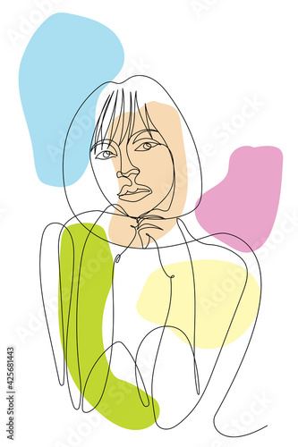 Illustration graphic of abstract art one line continuous vector short hair girl. Hand drawn continuous line technique. Single line simple beautiful concept. Hands leaning to the chin, color background