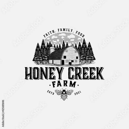 Barn Vintage Hand Drawn Logo Design Illustration For Bee Farm