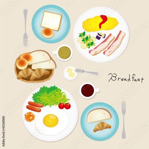 パンと卵料理の朝食テーブルイラスト