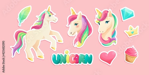 Cute unicorn stickers in flat style. Hand lettering text. Cartoon vector illustration.