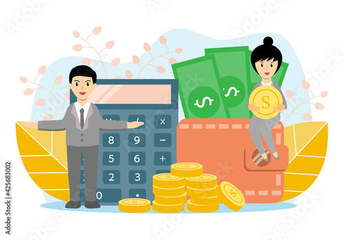 Financial officers with saving money,accounting,profit,income,loan, Business plan and investment concept. Bank clerks working among calculator,wallet,bank notes and stack of golden coins.
