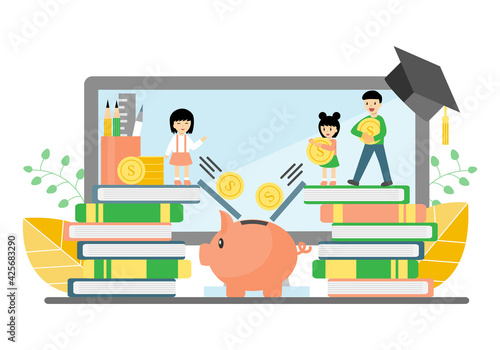 Children keeping golden coin to piggy bank. Kid saving money for their education and future cartoon vector.