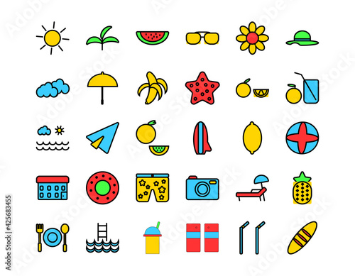Summer icon set colored line