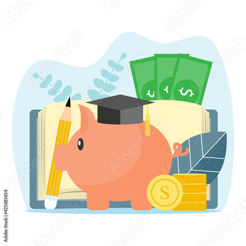 Piggy bank with graduation cap decorated with book, pencil, coins,banknotes. Saving money for education concept. Scholarships for children concept.