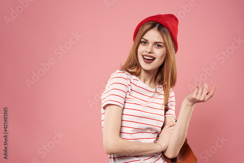 cheerful emotional woman fashion studio fun pink background