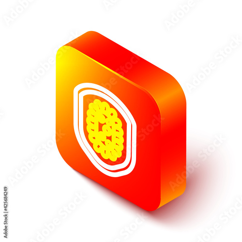 Isometric line Shield protecting from virus, germs and bacteria icon isolated on white background. Immune system concept. Corona virus 2019-nCoV. Orange square button. Vector Illustration