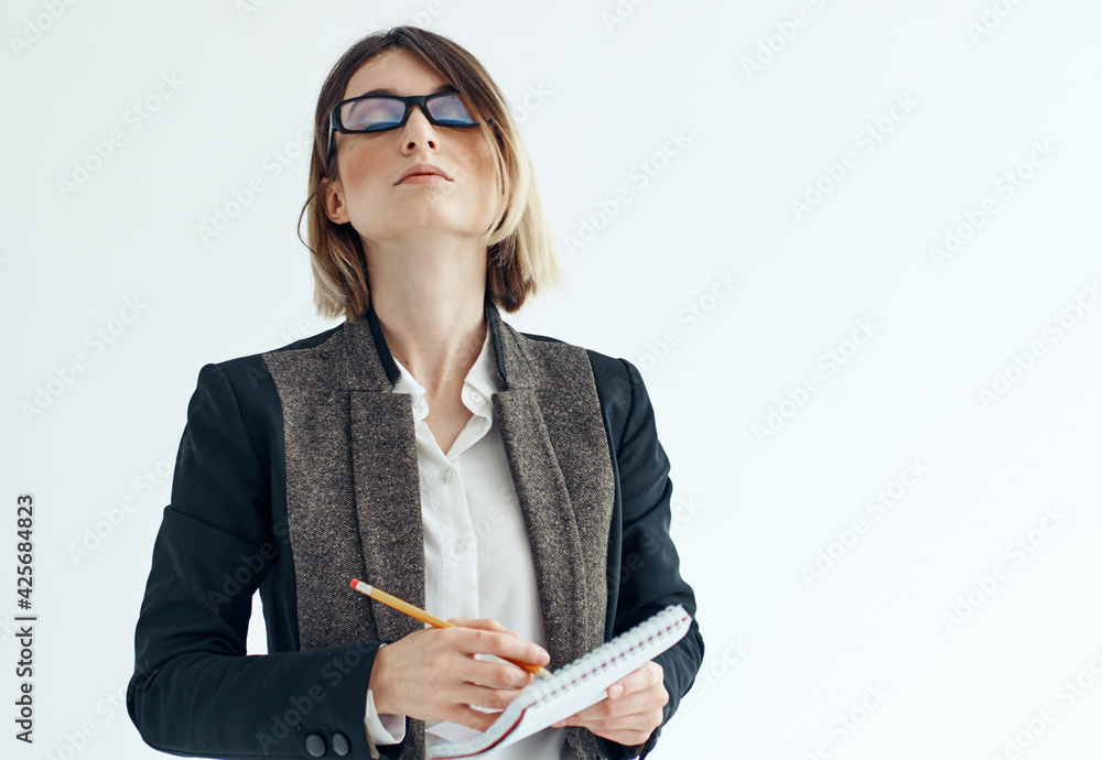 Woman and jacket glasses on face hairstyle model cropped view Woman and jacket glasses on face hairstyle model cropped view