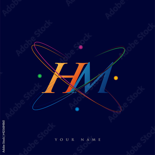 initial letter HM logotype science icon colored blue, red, green and yellow swoosh design. vector logo for business and company identity.