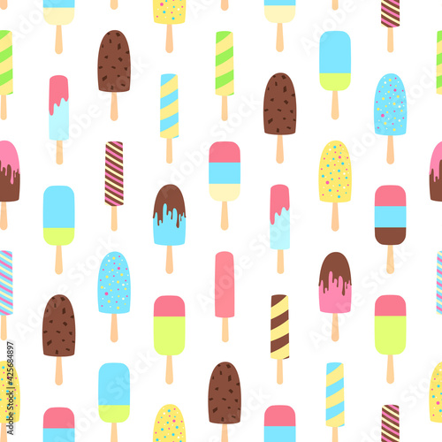 Ice cream seamless pattern in flat style. Sweets and desserts wallpaper. Summer food isolated on white background. Ice cream on a stick with different flavors