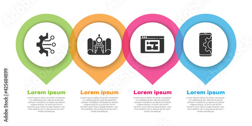 Set Algorithm, Graphing paper and compass, House plan and Setting on smartphone. Business infographic template. Vector