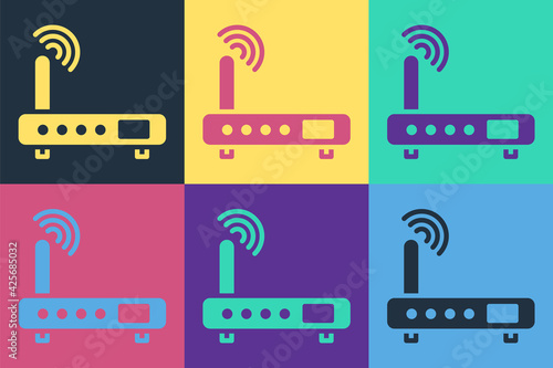 Pop art Router and wi-fi signal icon isolated on color background. Wireless ethernet modem router. Computer technology internet. Vector Illustration