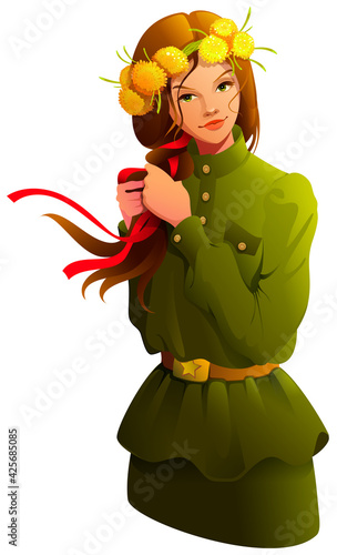 Victory day russian girl young woman in soldier uniform braid bow ribbon