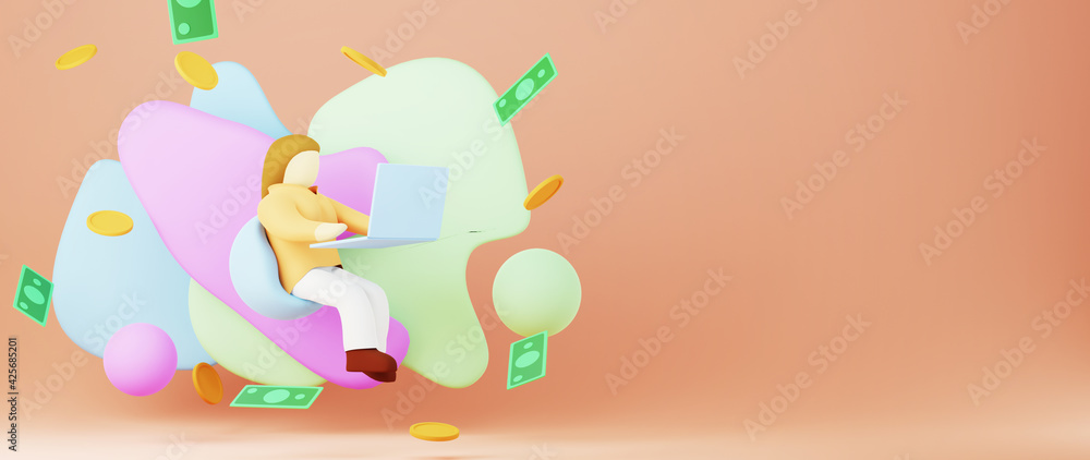 3D render of money and shopping woman. Business online and e-commerce on web shopping concept. Secure online payment transaction with smartphone. 3D render of money and shopping woman. Business online and e-commerce on web shopping concept. Secure online payment transaction with smartphone.