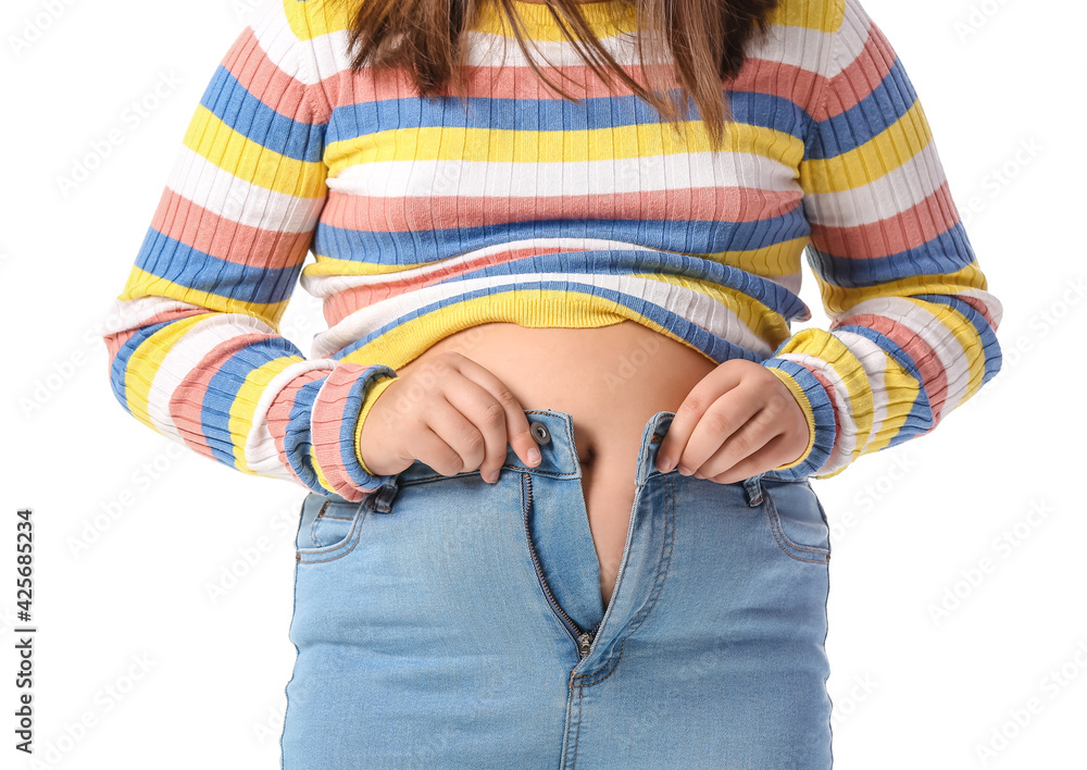 Overweight girl in tight clothes on white background closeup
