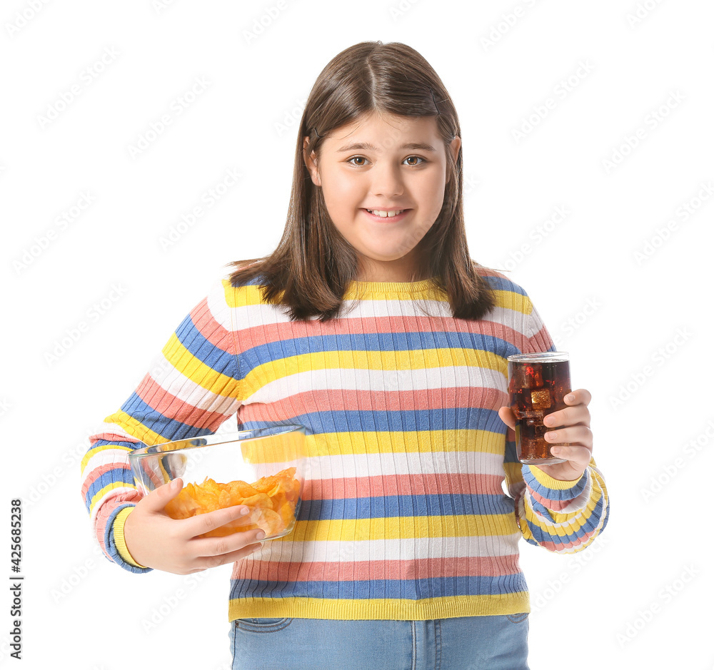 Overweight girl with unhealthy food on white background Overweight girl with unhealthy food on white background