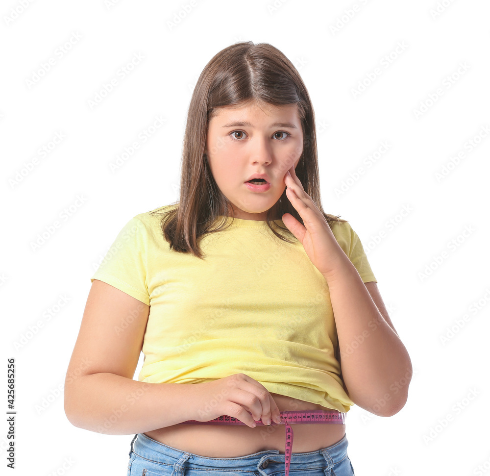Shocked overweight girl measuring her waist on white background Shocked overweight girl measuring her waist on white background