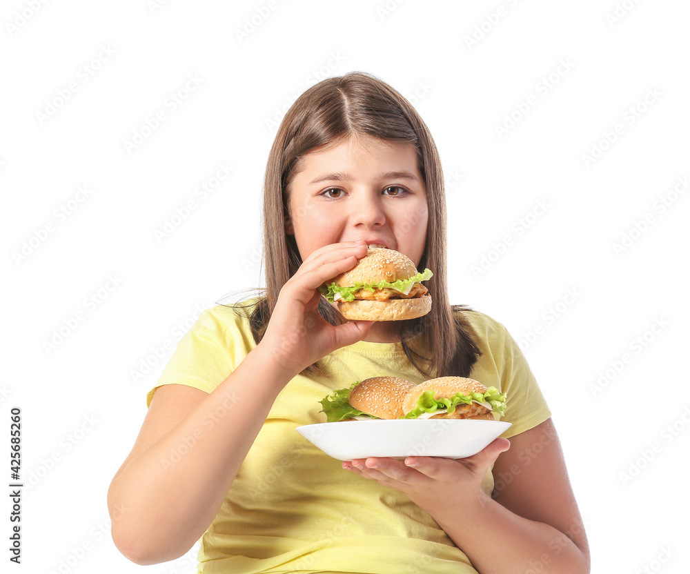 Overweight girl eating unhealthy burger on white background Overweight girl eating unhealthy burger on white background