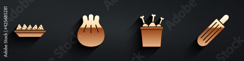 Set Nachos in plate, Khinkali on cutting board, Chicken leg in package box and French hot dog icon with long shadow. Vector