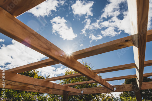 Fotografiet under construction garden pergola with wooden structure in sunny backyard surrou