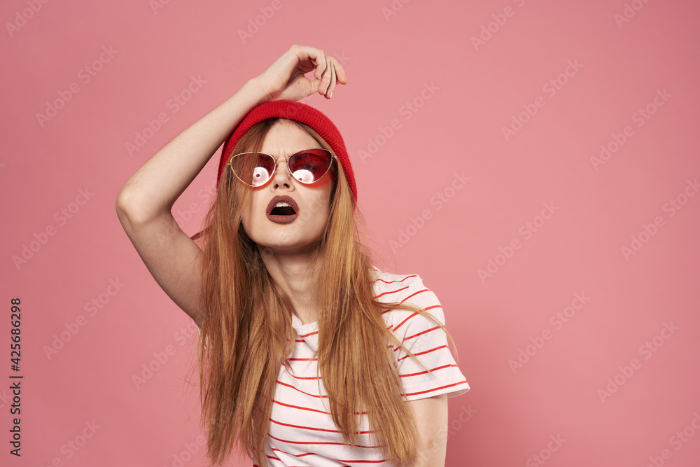fashionable woman sunglasses and red hat studio pink background fashion fashionable woman sunglasses and red hat studio pink background fashion