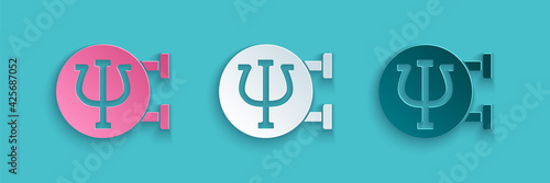 Paper cut Psychology icon isolated on blue background. Psi symbol. Mental health concept, psychoanalysis analysis and psychotherapy. Paper art style. Vector