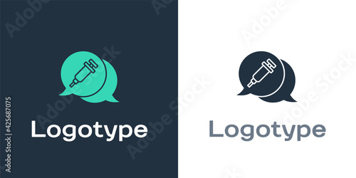 Logotype Addiction to the drug icon isolated on white background. Heroin, narcotic, addiction, illegal. Sick junkie with a syringe and medical pills. Logo design template element. Vector