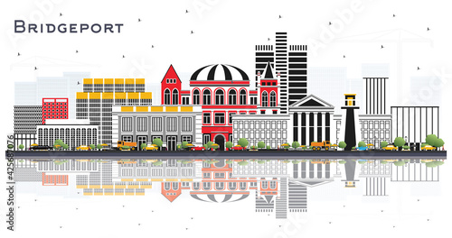 Bridgeport Connecticut City Skyline with Color Buildings and Reflections Isolated on White.