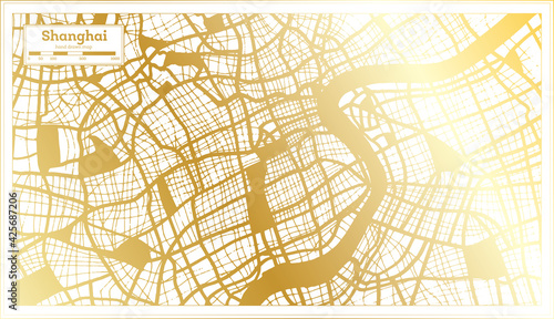 Shanghai China City Map in Retro Style in Golden Color. Outline Map.