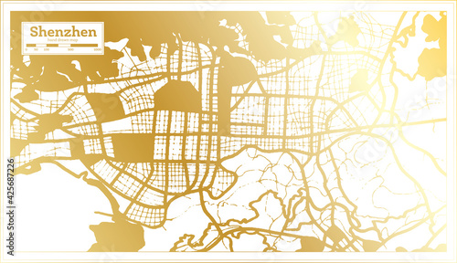 Shenzhen China City Map in Retro Style in Golden Color. Outline Map.