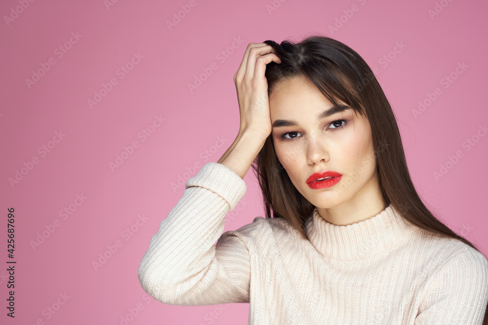 Beautiful woman red lips white jacket attractive look pink background Beautiful woman red lips white jacket attractive look pink background