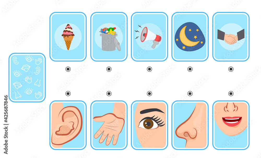 Game for kids. Cards. Five senses. Sight, touch, hearing, smell and