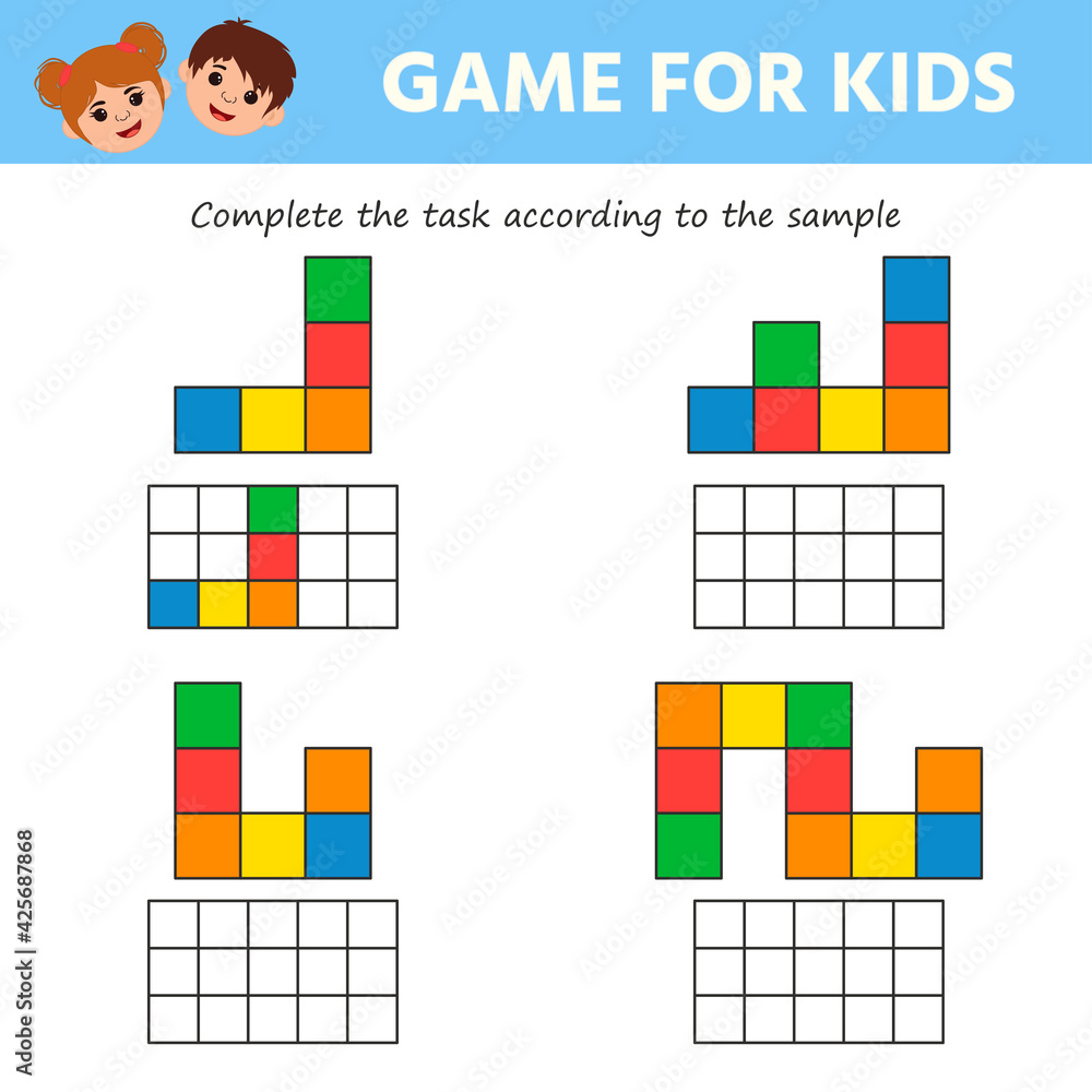 Education logic game for preschool kids. Kids activity Worksheet. Color by  sample. Iq test. Children funny riddle entertainment. Vector illustration  Stock Vector | Adobe Stock
