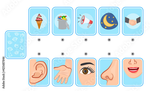 Game for kids. Cards. Five senses. Sight, touch, hearing, smell and taste. Preschool worksheet activity. Match of sense organs and objects