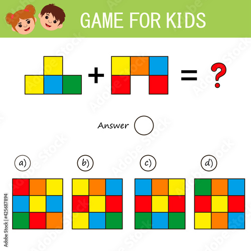 Education logic game for preschool kids. Kids activity sheet. Solve the equation in the picture below by. Iq test. Children funny riddle entertainment. Vector illustration