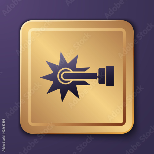 Purple Cowboy horse riding spur for boot icon isolated on purple background. Gold square button. Vector