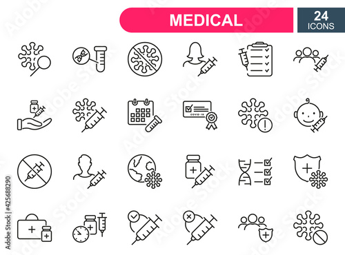 Set of vaccine line icons. Injection, prevention and treatment of covid. Medical syringe and ampoules, certificate for Vaccine. Linear icons for medical vaccine. Editable stroke. Vector illustration